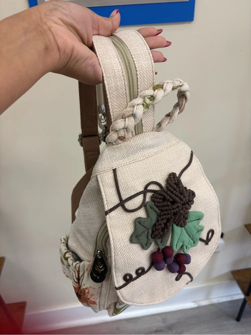 Canvas Floral Backpack with Green Leaf and Berry, vintage Floral
